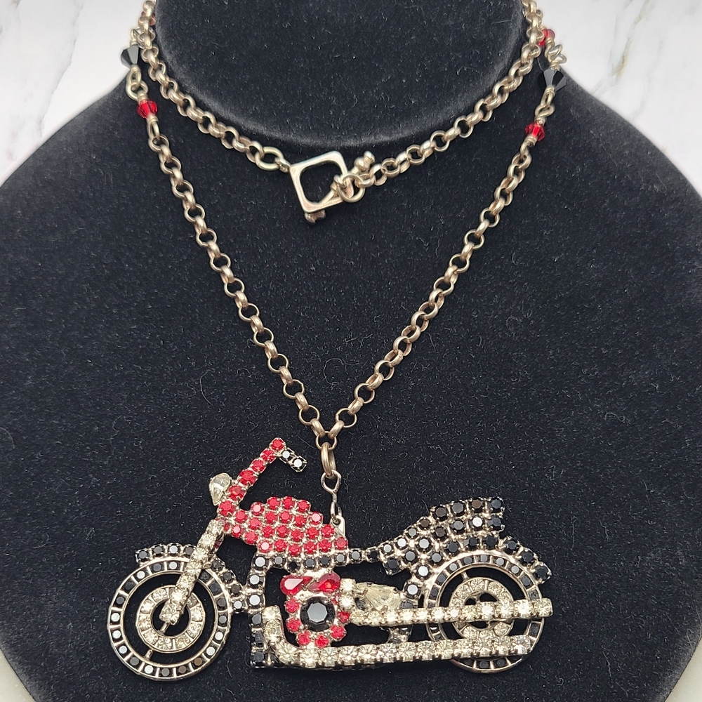 Dorothy BAUER Motorcycle Pendant Necklace Prong Set Rhinestone Silver Chain .925